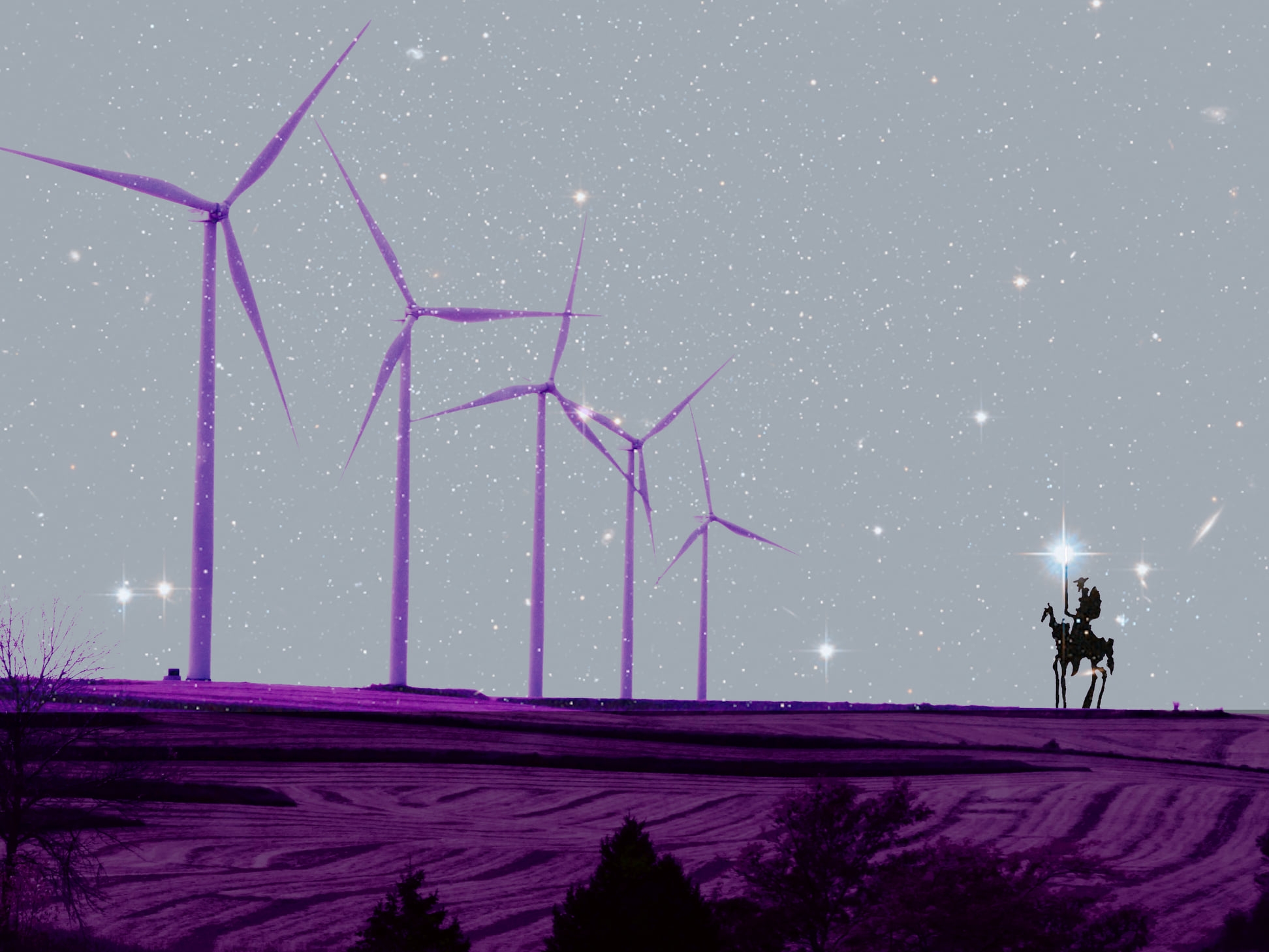 Wind turbines beneath a starry sky